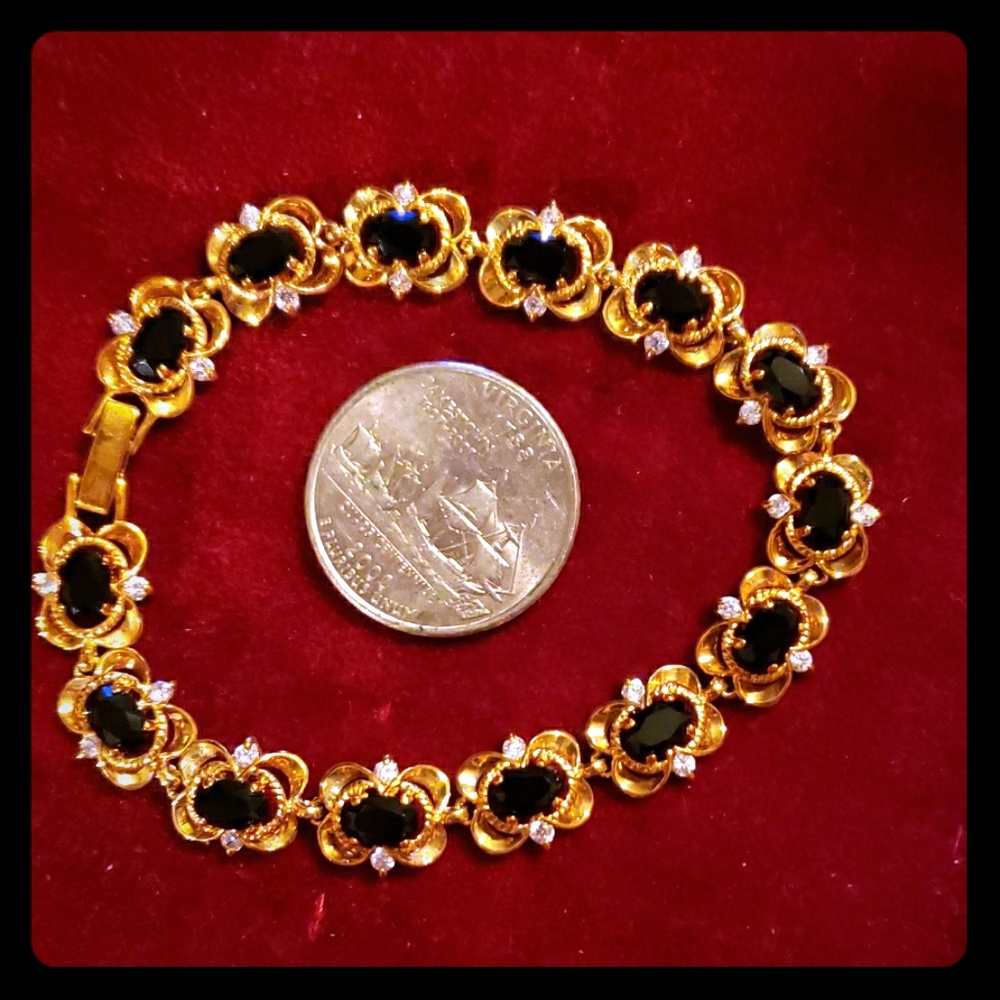 Vint faceted black onyx & CZ goldtone bracelet